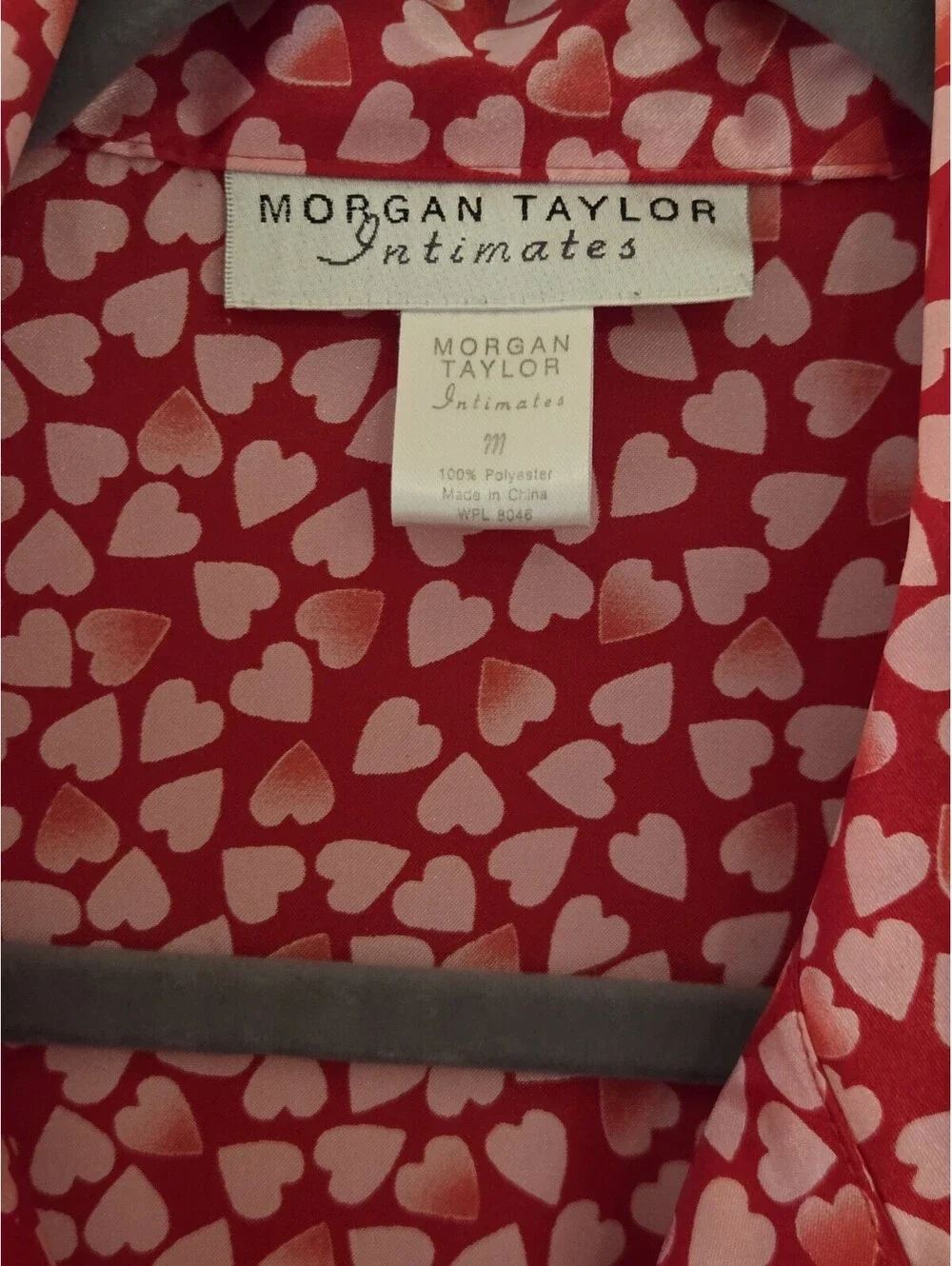 Morgan Taylor Intimates M Red Pink Heart Satin Sleepshirt Button Down Pajama